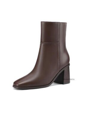Women's Faux Leather Ankle Boots Square Toe Block Heel Side Zip Dress Booties